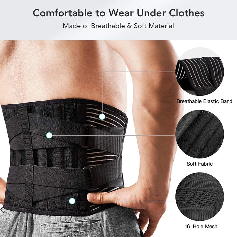 Back Lumbar Support Belt Men Spine Decompression Waist Trainer Adjustable Back Brace for Lower Back Pain Relief with 6 Stays