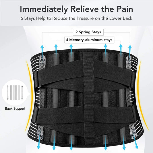 Back Lumbar Support Belt Men Spine Decompression Waist Trainer Adjustable Back Brace for Lower Back Pain Relief with 6 Stays